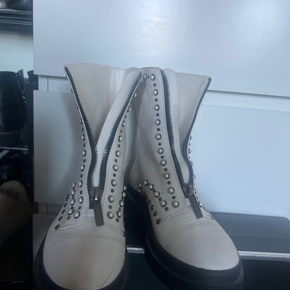 Jimmy Choo Nola Leather Pearl Studded Zip Flat Platform Boot Latte Off White